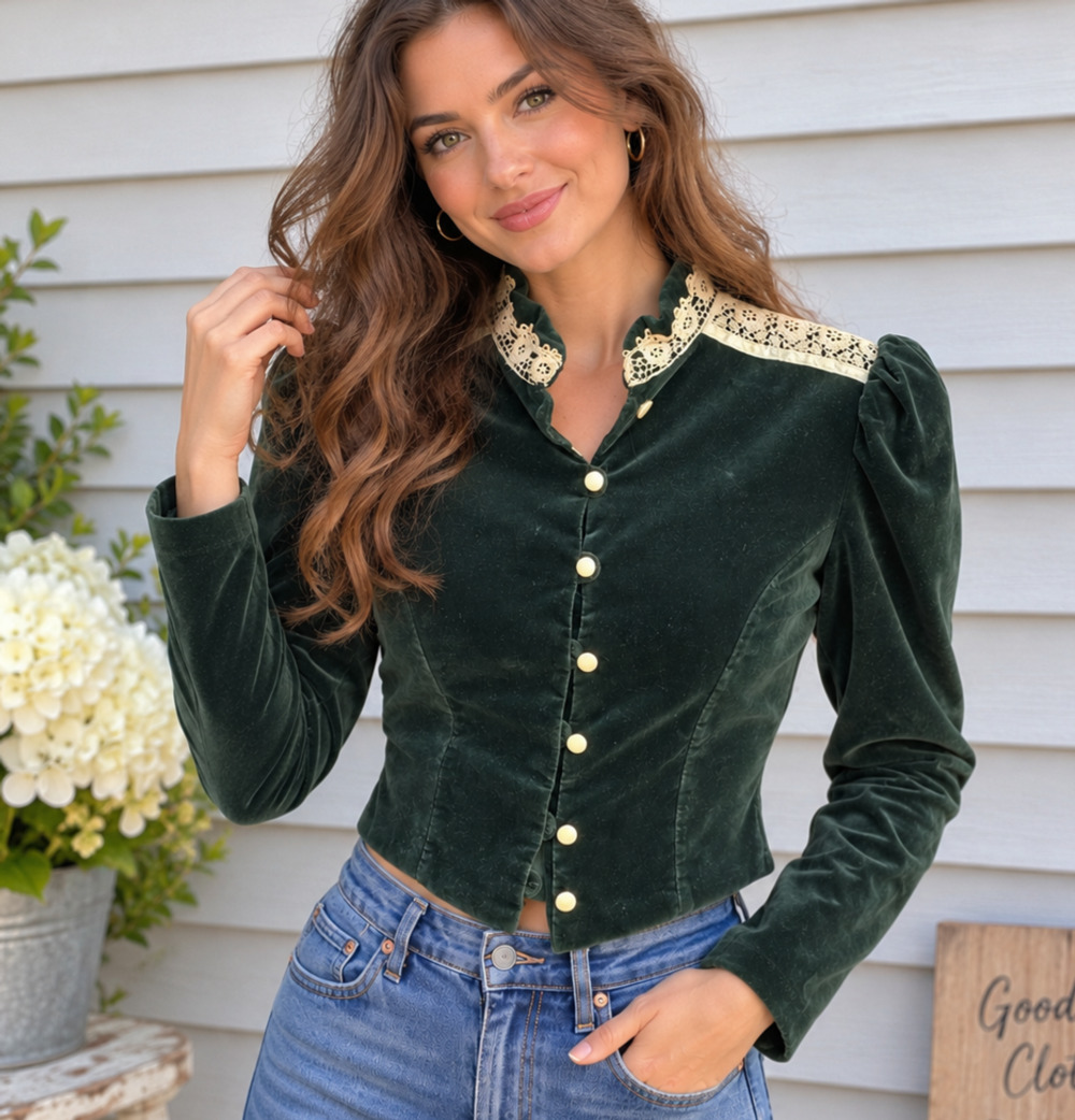Vintage Jessica's Gunnies Emerald Green Velvet Cropped Jacket with Lace Trim